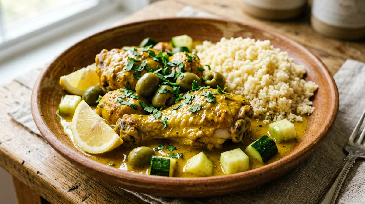 Chicken tagine with lemon, green olives and couscous
