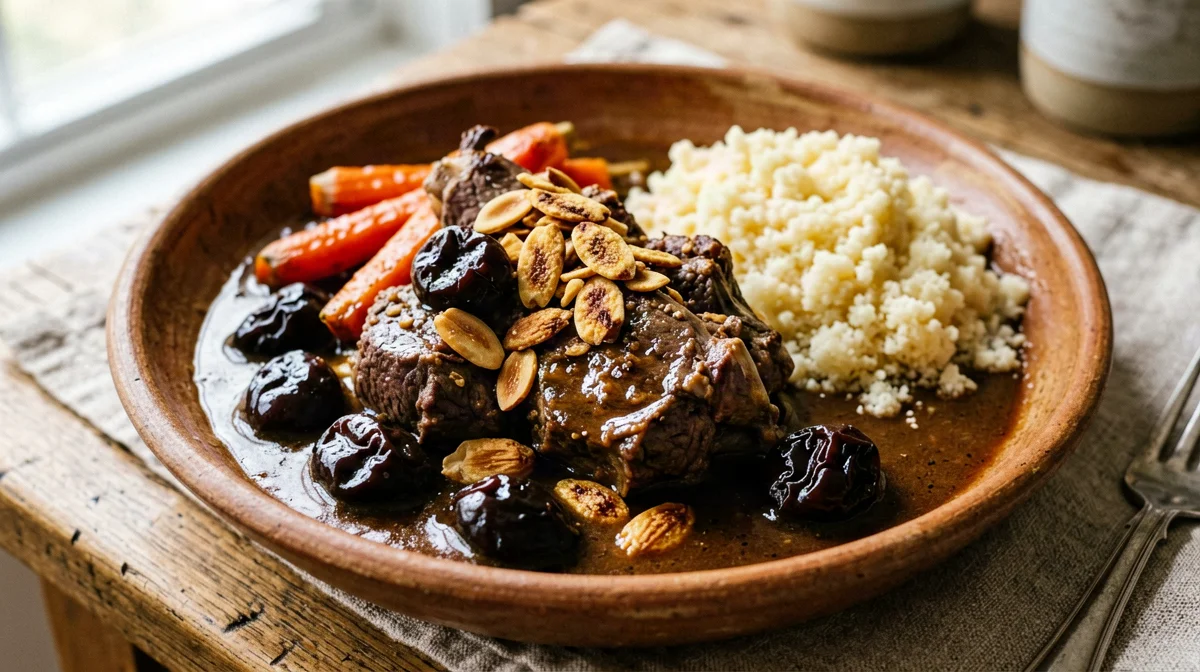 Lamb tagine with prunes, almonds and cinnamon