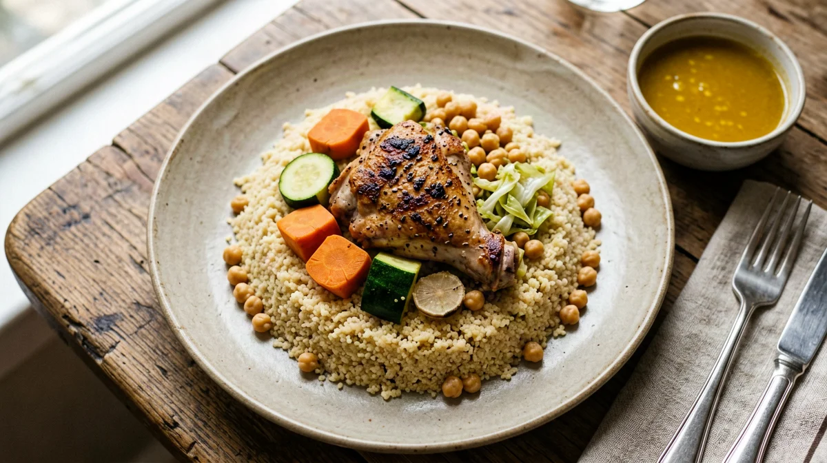 Seven-vegetable couscous with chicken and spiced broth
