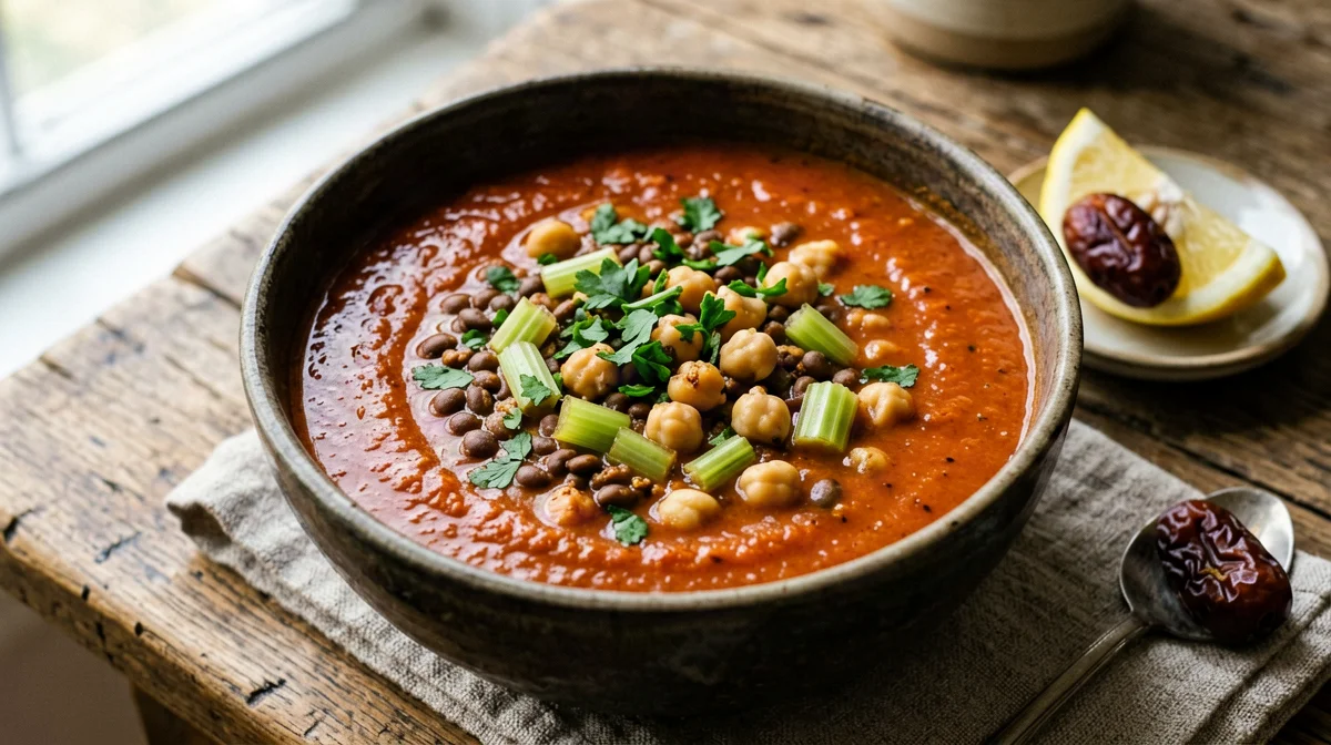 Vegan harira with lentils, chickpeas and tomato