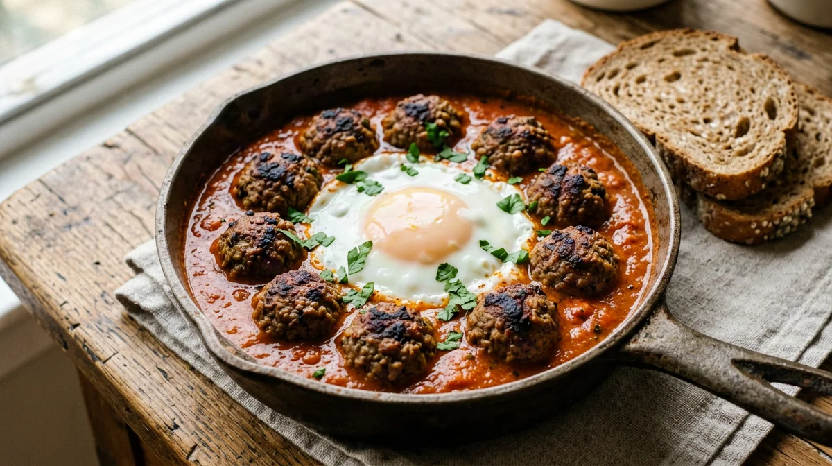 Kefta tagine with eggs and cumin tomato sauce