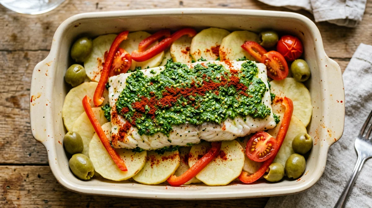 Tajine di merluzzo alla chermoula con patate e peperoni