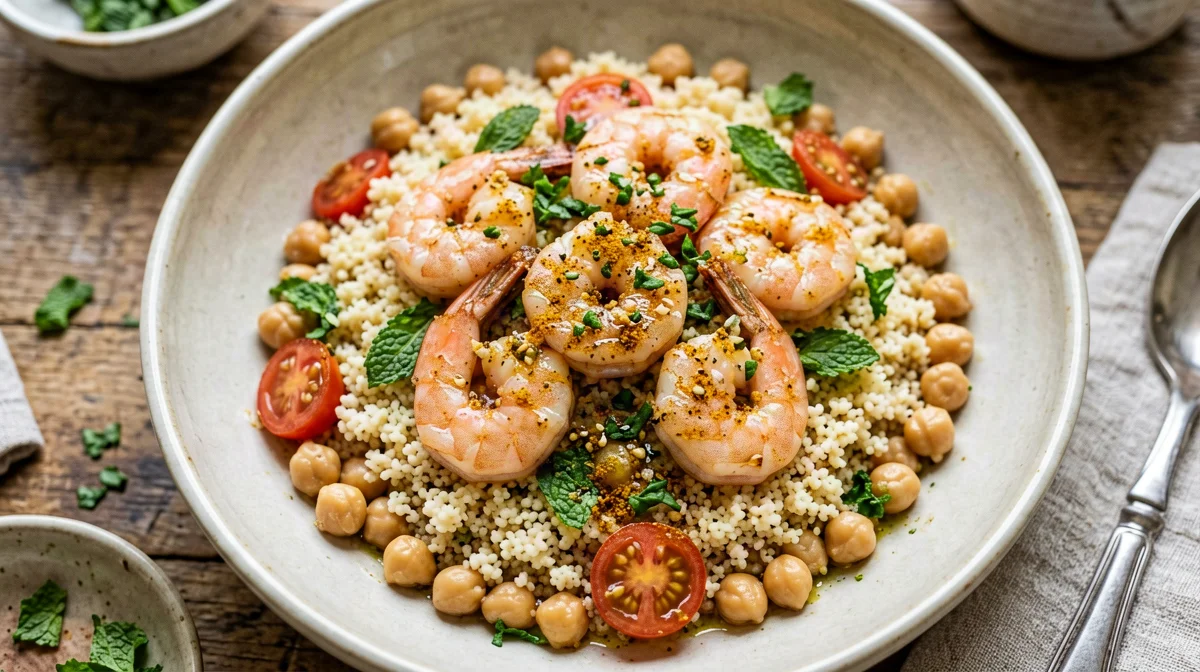 Gamberi alla chermoula con couscous, ceci e menta