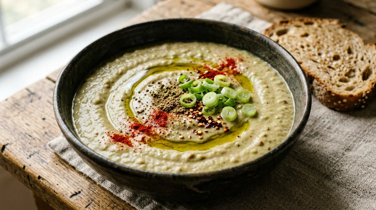 Bissara: cumin-spiced dried fava bean soup with oil and bread