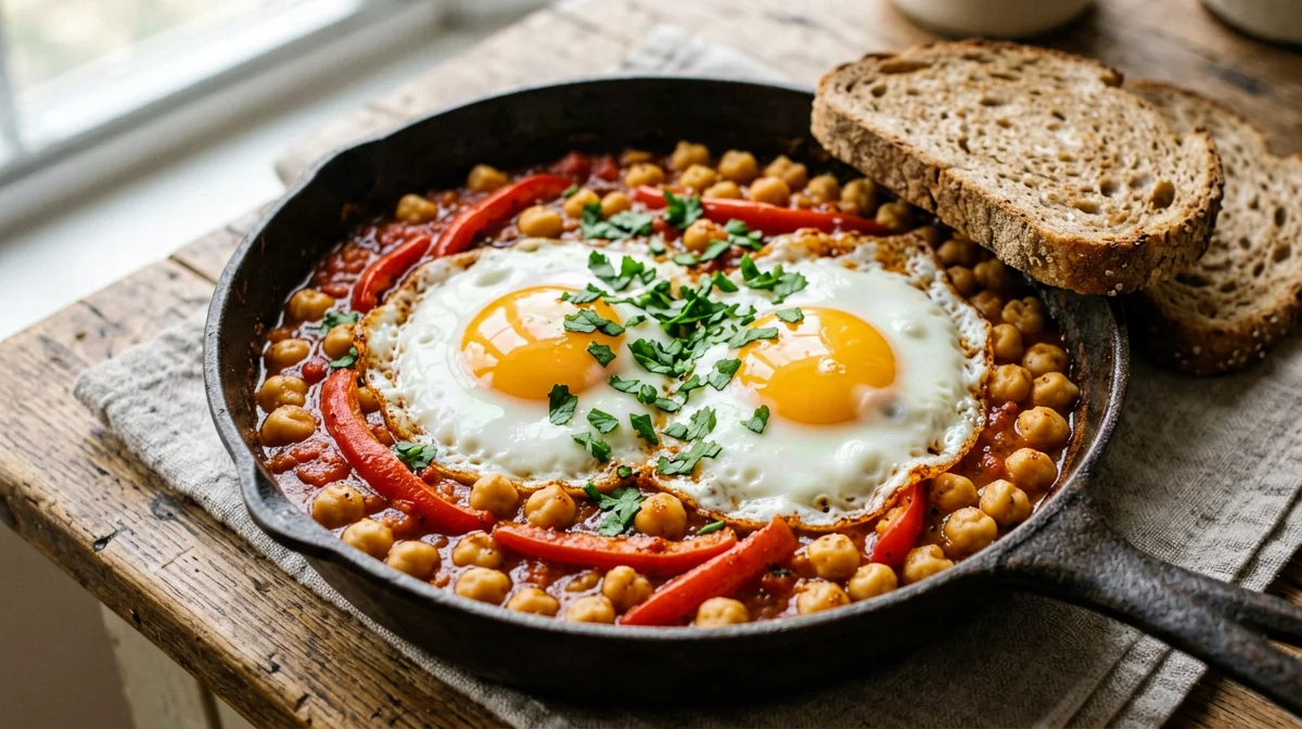 Shakshuka tunisina con ceci, peperoni e coriandolo