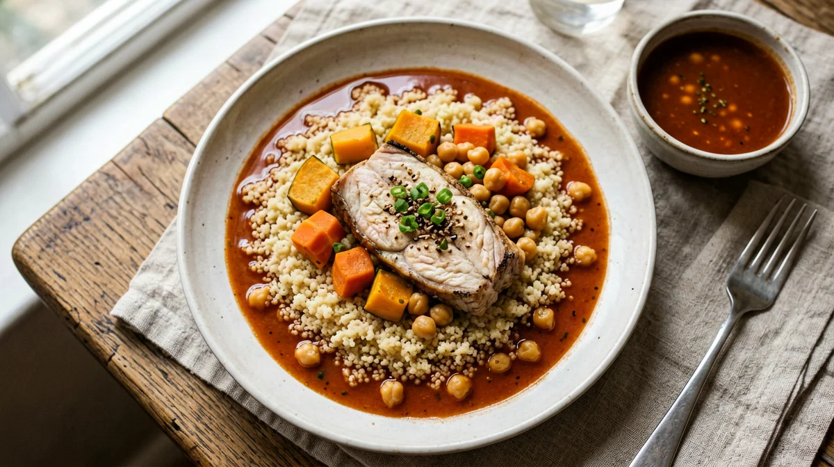Tunisian grouper couscous with squash and chickpeas