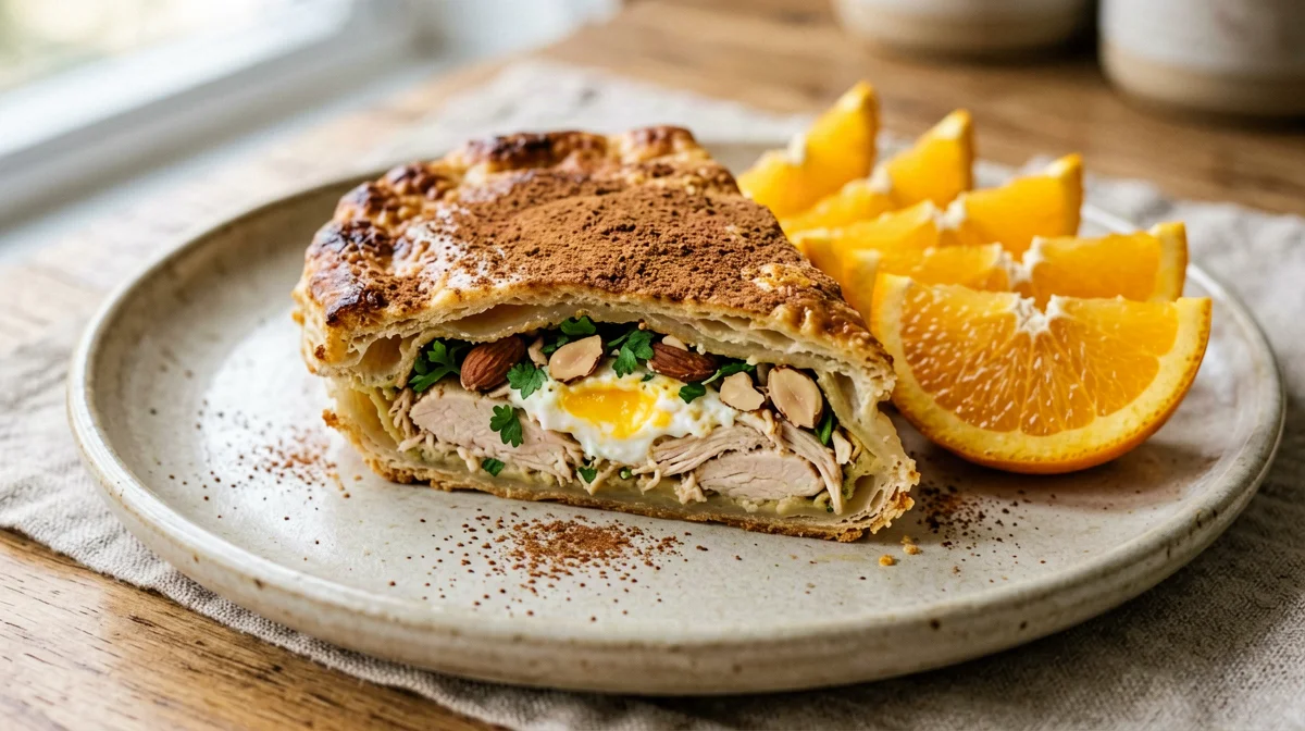 Pastilla leggera di pollo in fillo con mandorle e cannella