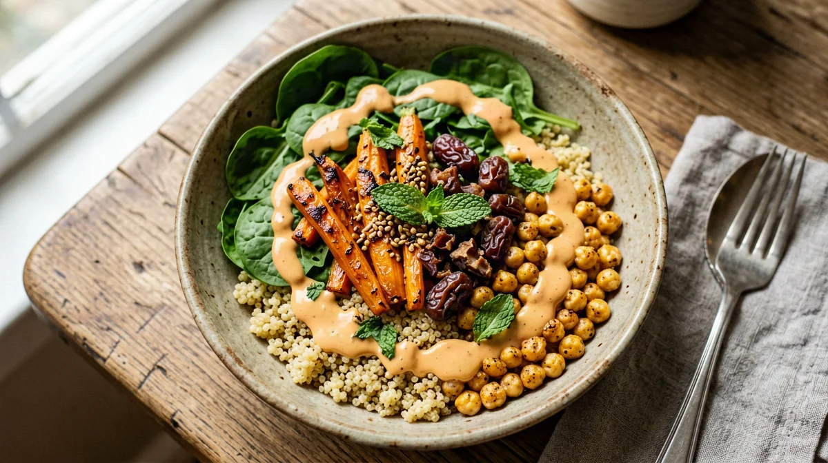 Moroccan bowl with quinoa, spiced carrots, chickpeas and dates