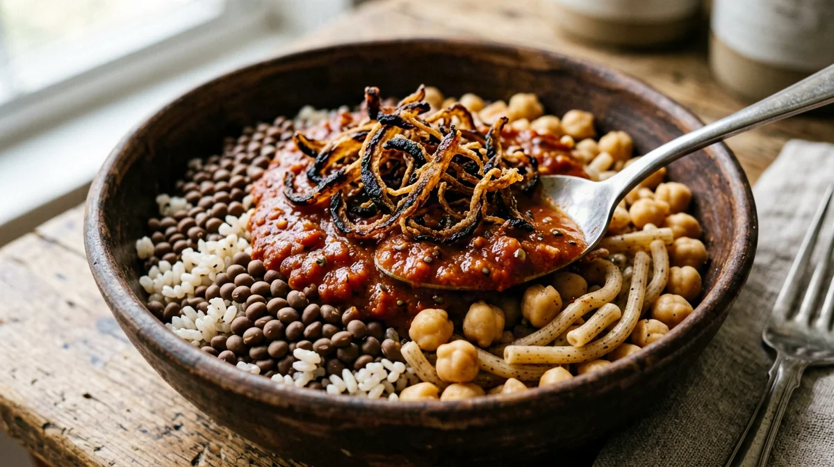 Egyptian koshari with lentils, rice, pasta and spicy sauce