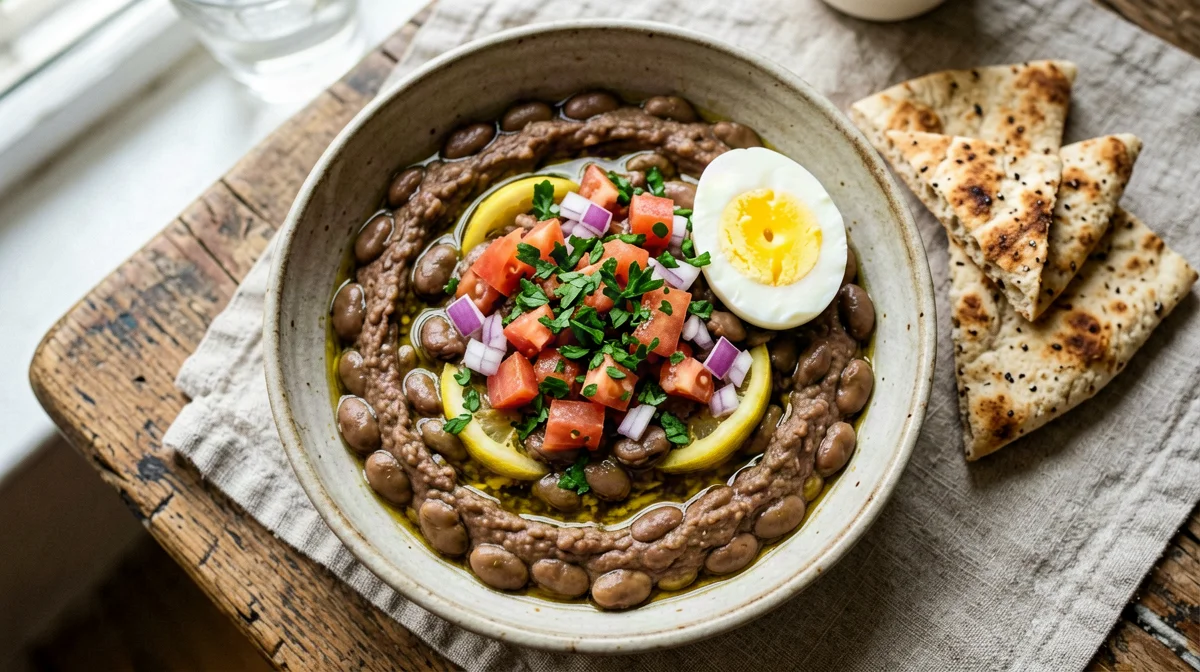 Ful medames with boiled egg, tomatoes and whole wheat pita