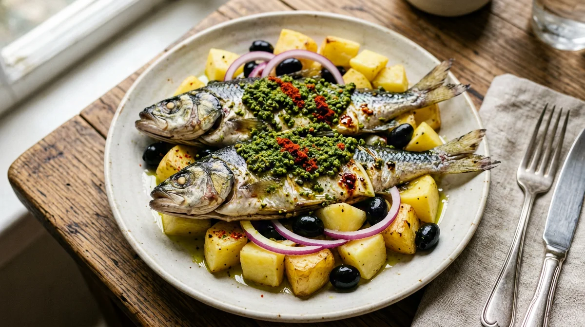 Sardine marinate alla chermoula con insalata di patate e olive