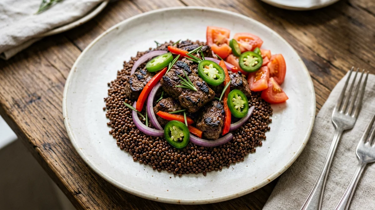 Beef tibs with peppers, onion and rosemary on teff