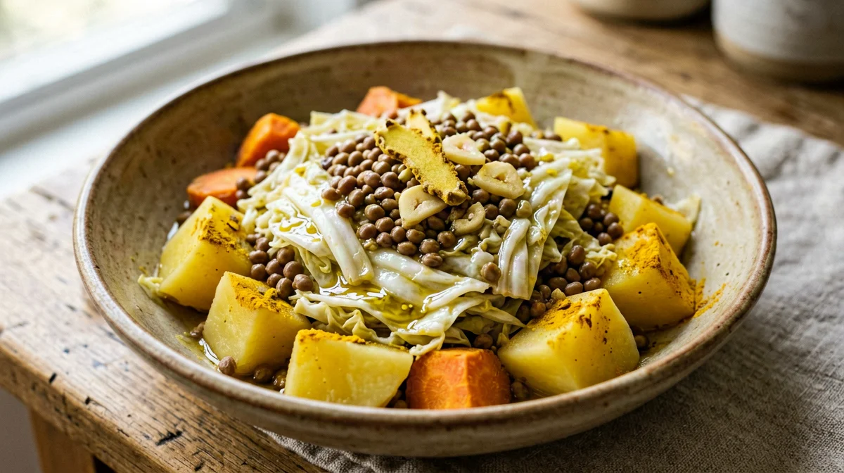 Atkilt wot: cavolo, patate e carote alla curcuma con lenticchie