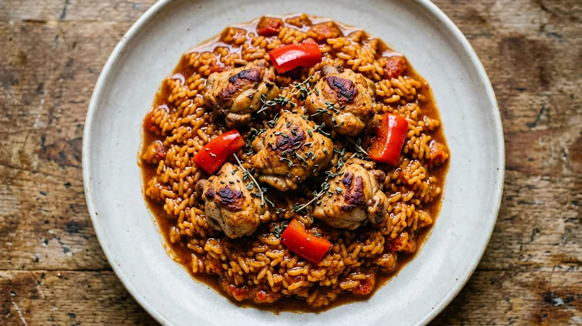 Jollof rice con pollo, peperoni e pomodoro speziato