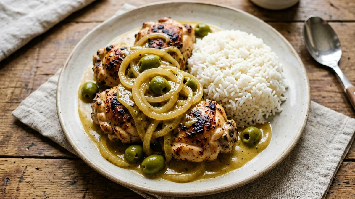 Yassa di pollo al limone e cipolle con riso