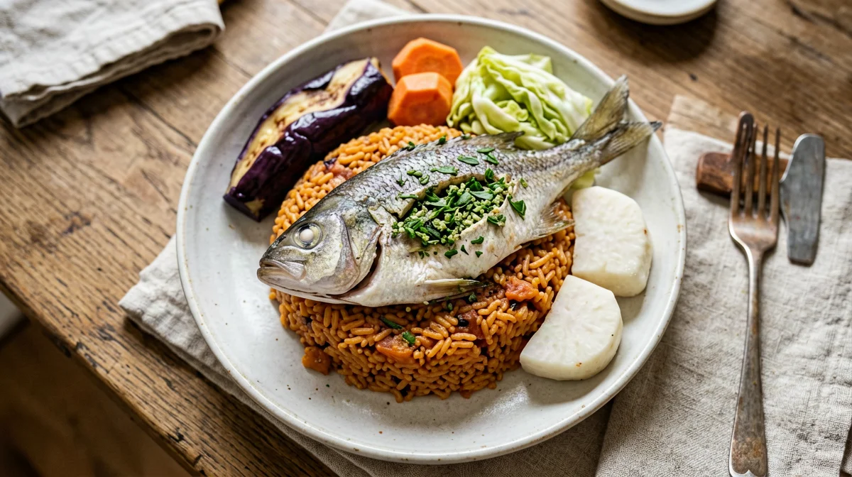 Light thieboudienne: snapper, rice and vegetables in tomato