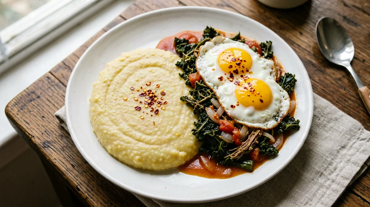 Sukuma wiki with ugali and eggs in tomato