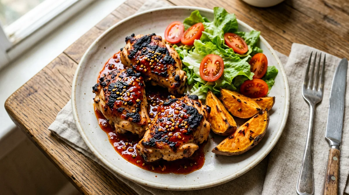 Pollo piri piri con patate dolci arrosto e insalata