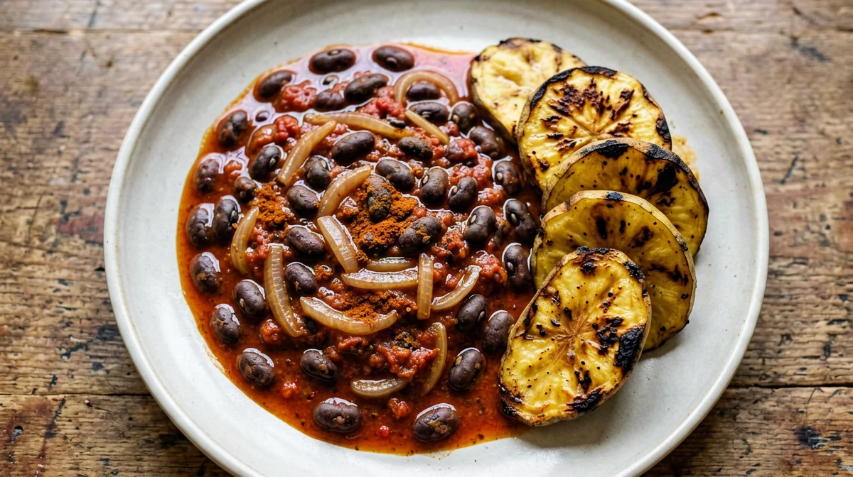 Ghanaian red red: tomato black-eyed beans with baked plantain