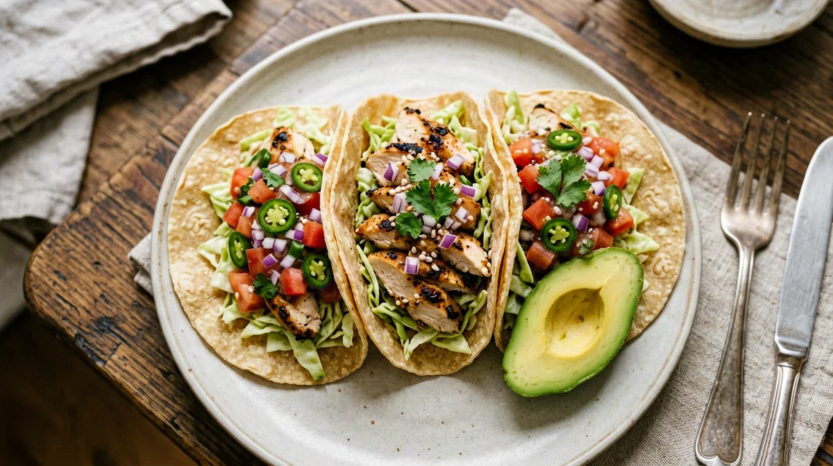 Grilled chicken tacos with pico de gallo and avocado