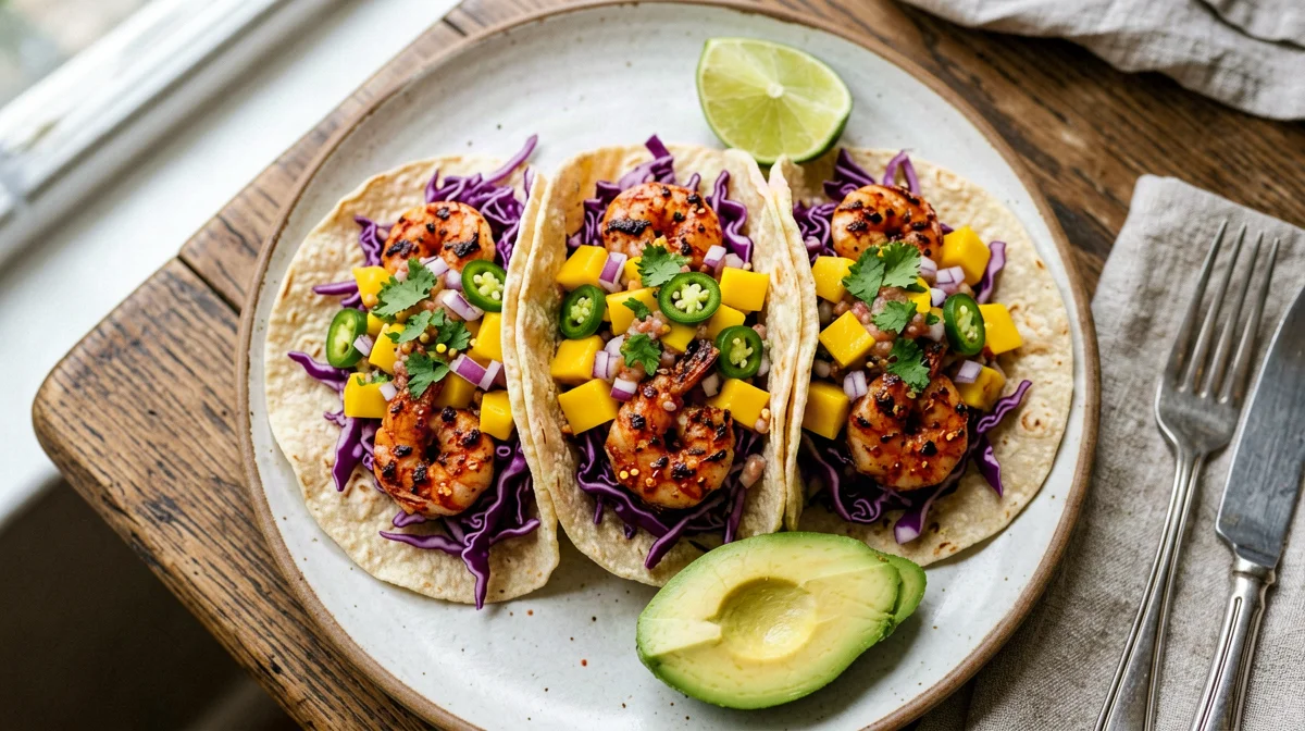Shrimp tacos with mango salsa and red cabbage