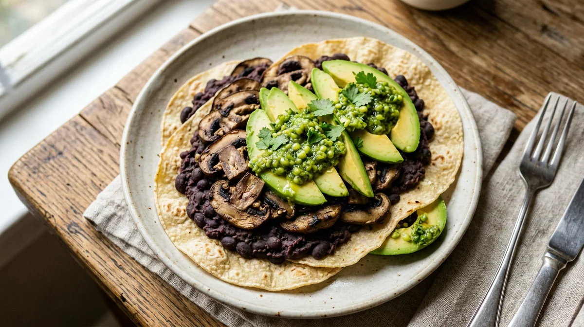 Vegan portobello and black bean tacos with salsa verde