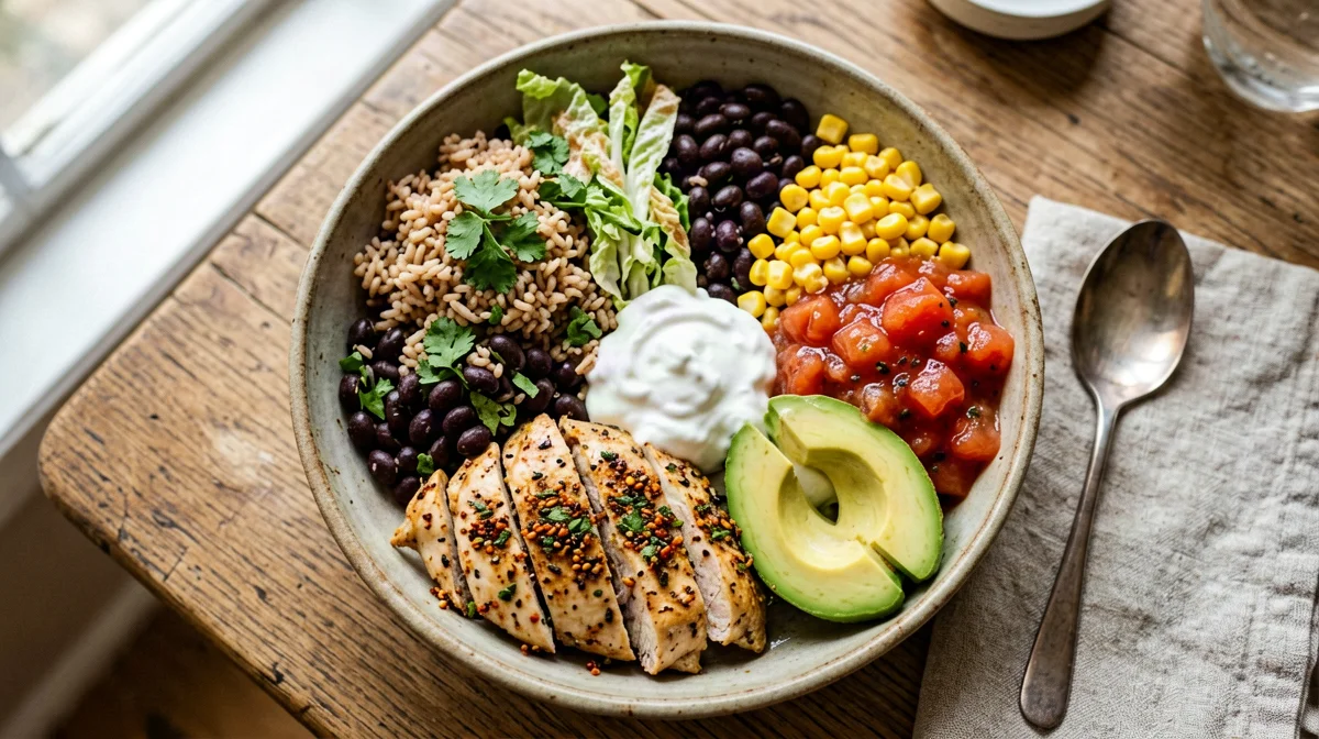 Burrito bowl di pollo con riso integrale, fagioli neri e mais