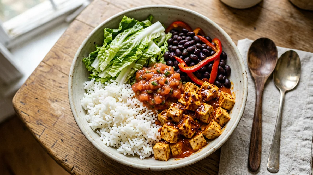 Burrito bowl vegano con sofritas di tofu e riso al lime