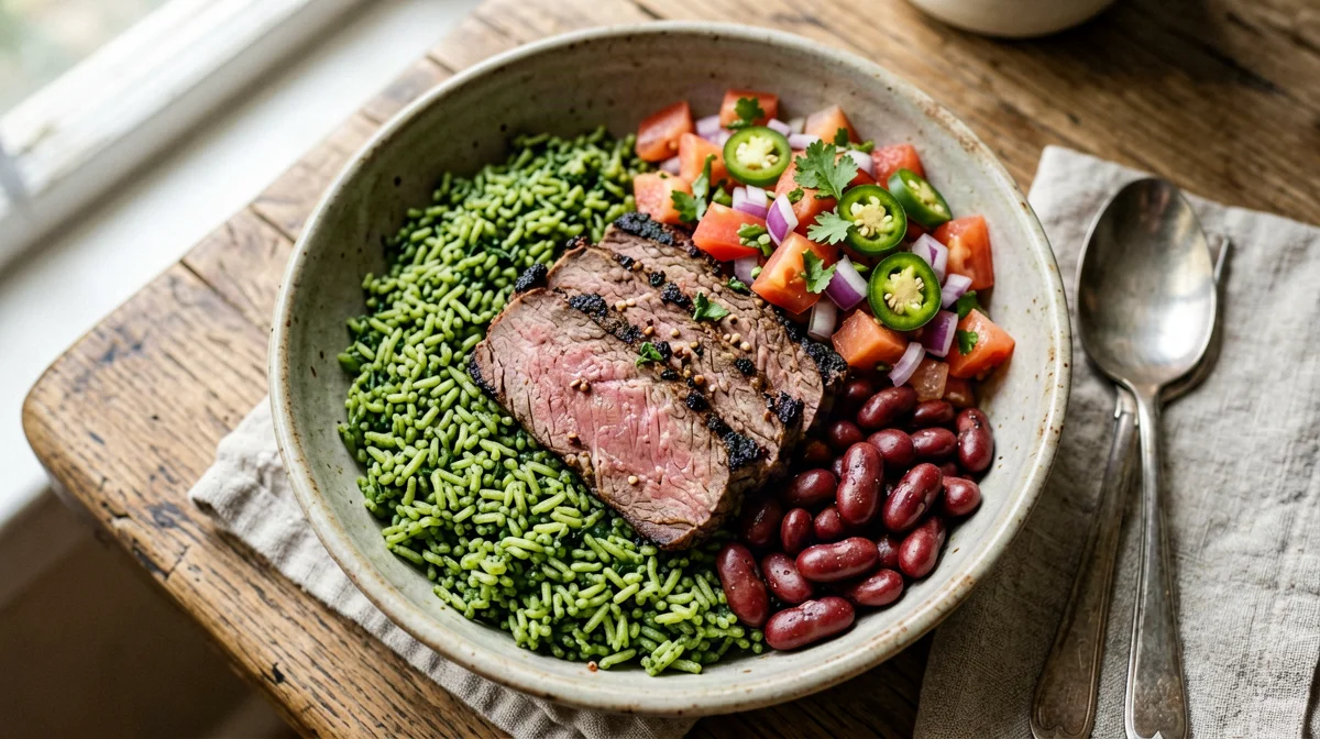 Carne asada bowl with coriander rice, beans and pico de gallo