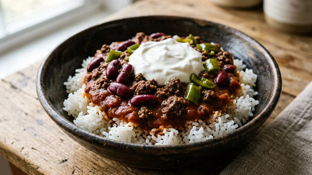 Lean chili con carne with kidney beans and rice