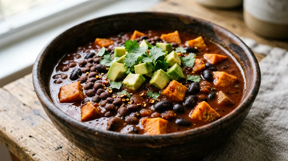 Vegan lentil, black bean and sweet potato chili