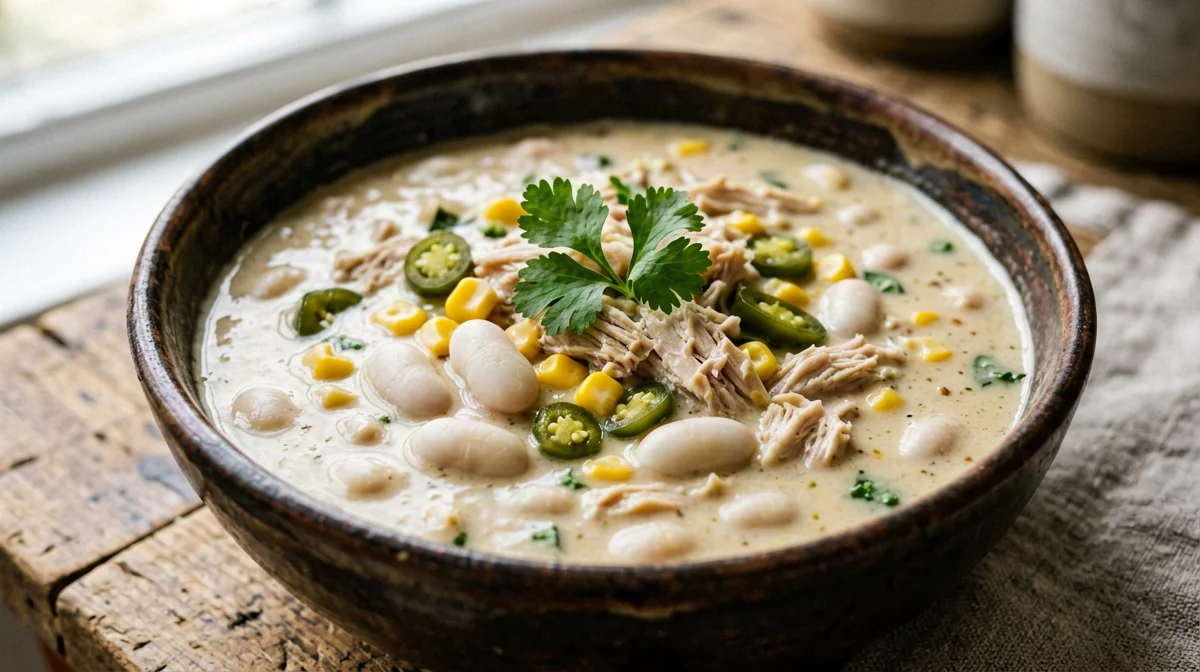 White chicken and cannellini chili with jalapeño and lime