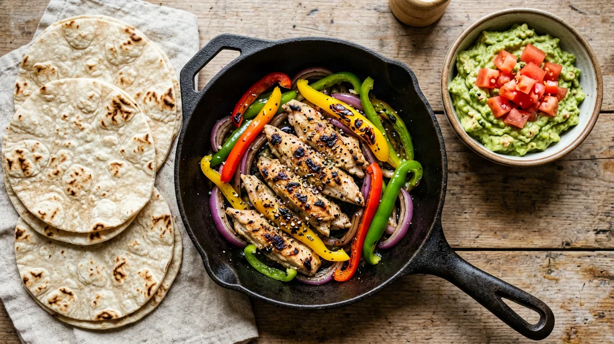 Fajitas di pollo con peperoni tricolore e guacamole