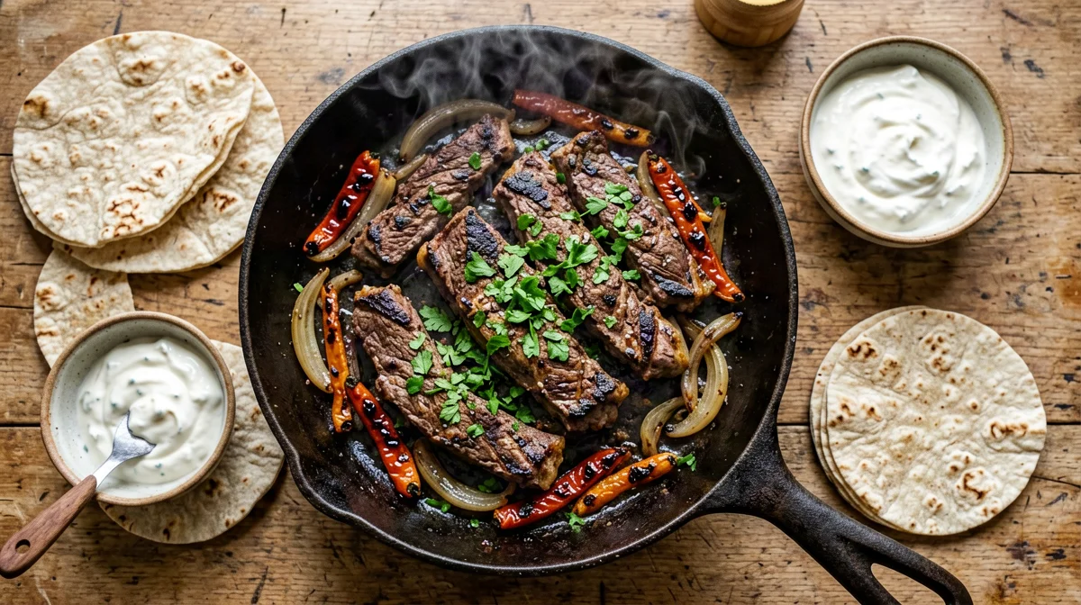 Fajitas di bavetta con cipolle, peperoni e panna acida leggera