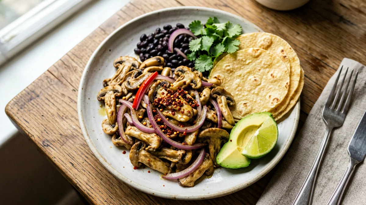 Vegan oyster mushroom, pepper and bean fajitas