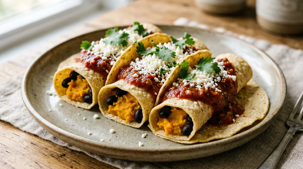 Black bean and squash enchiladas with red sauce