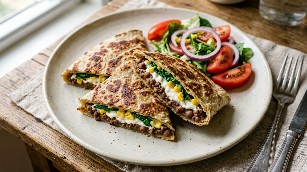 Quesadillas integrali di fagioli, spinaci e queso fresco