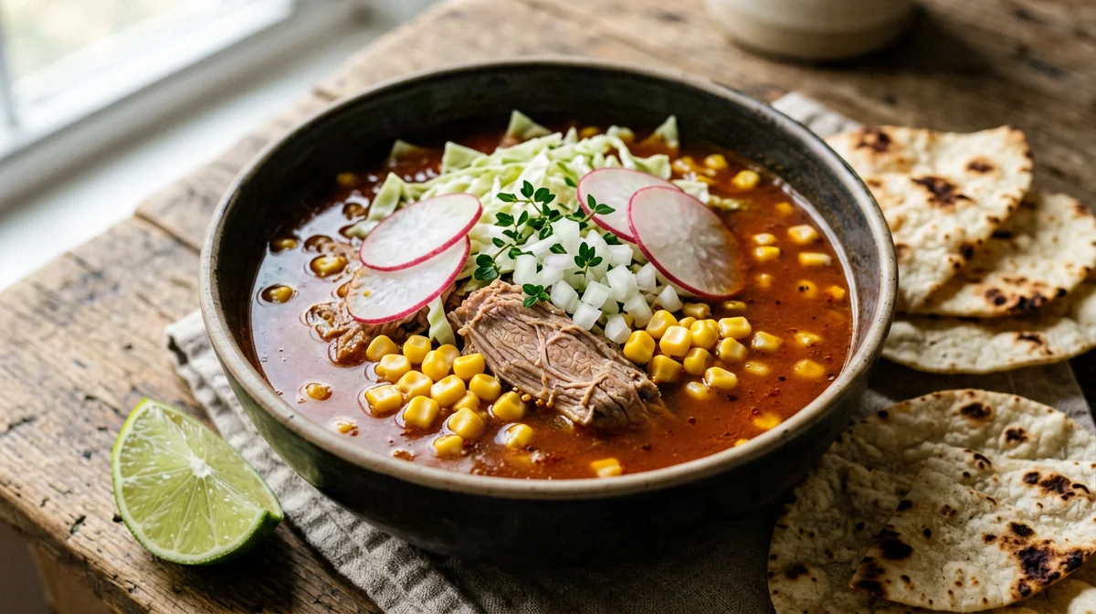 Light red pork pozole with corn, radishes and cabbage