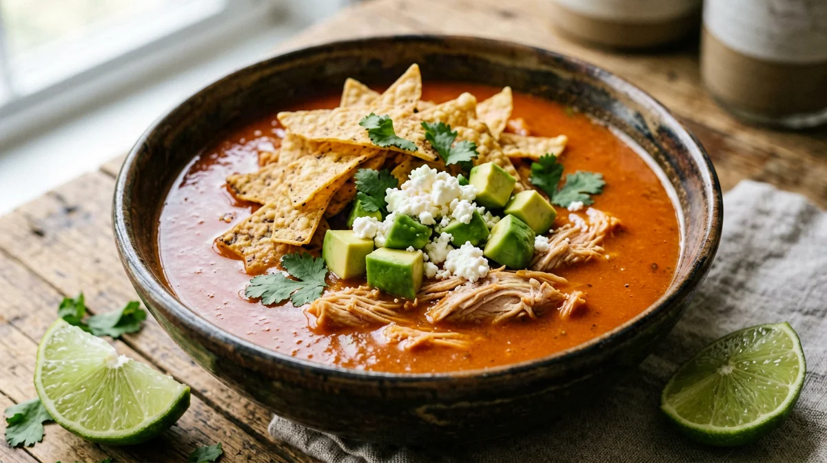 Sopa de tortilla con pollo, avocado e queso fresco