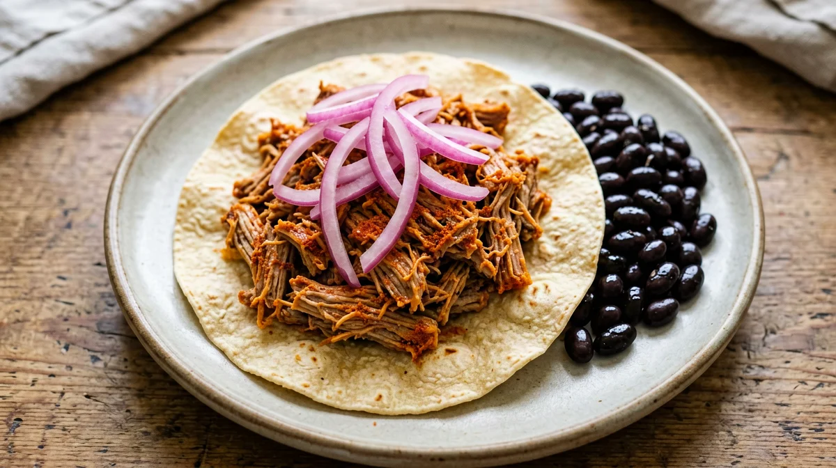 Light cochinita pibil with pickled red onion and tortillas