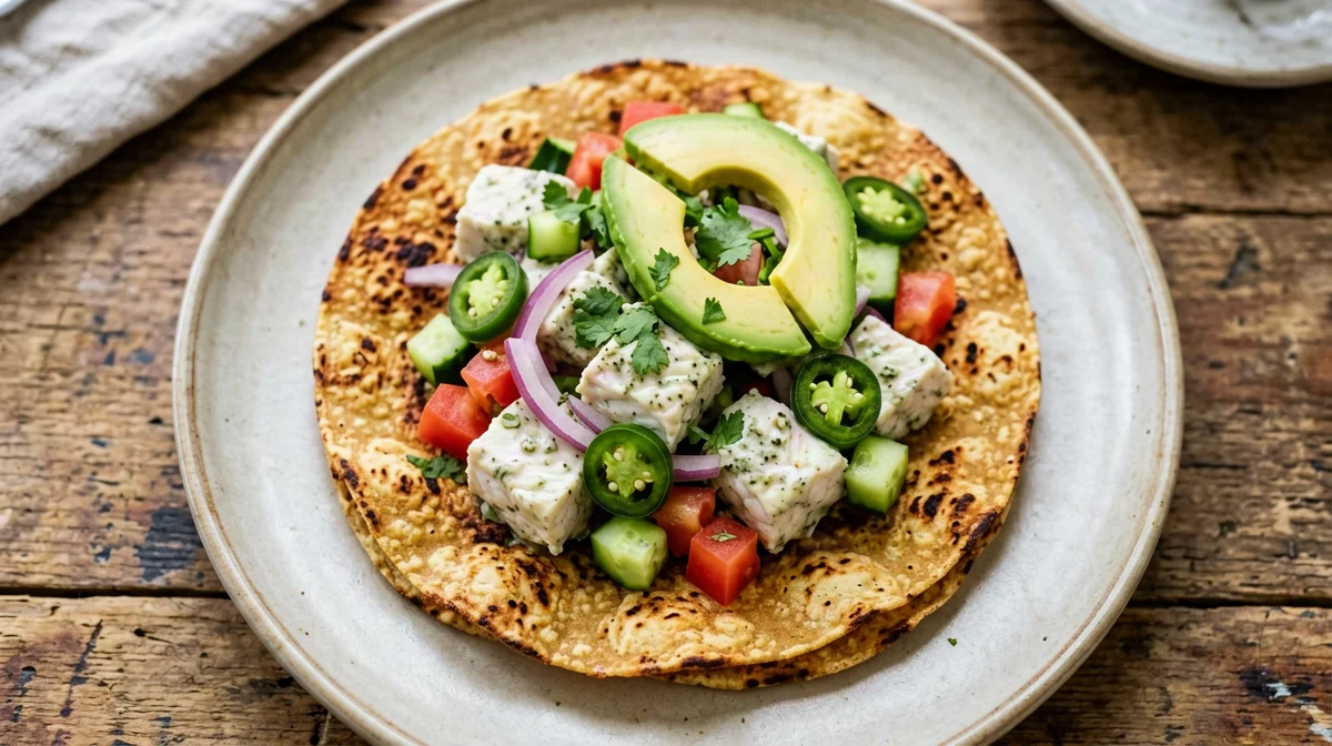 Tilapia ceviche tostadas with avocado and cucumber