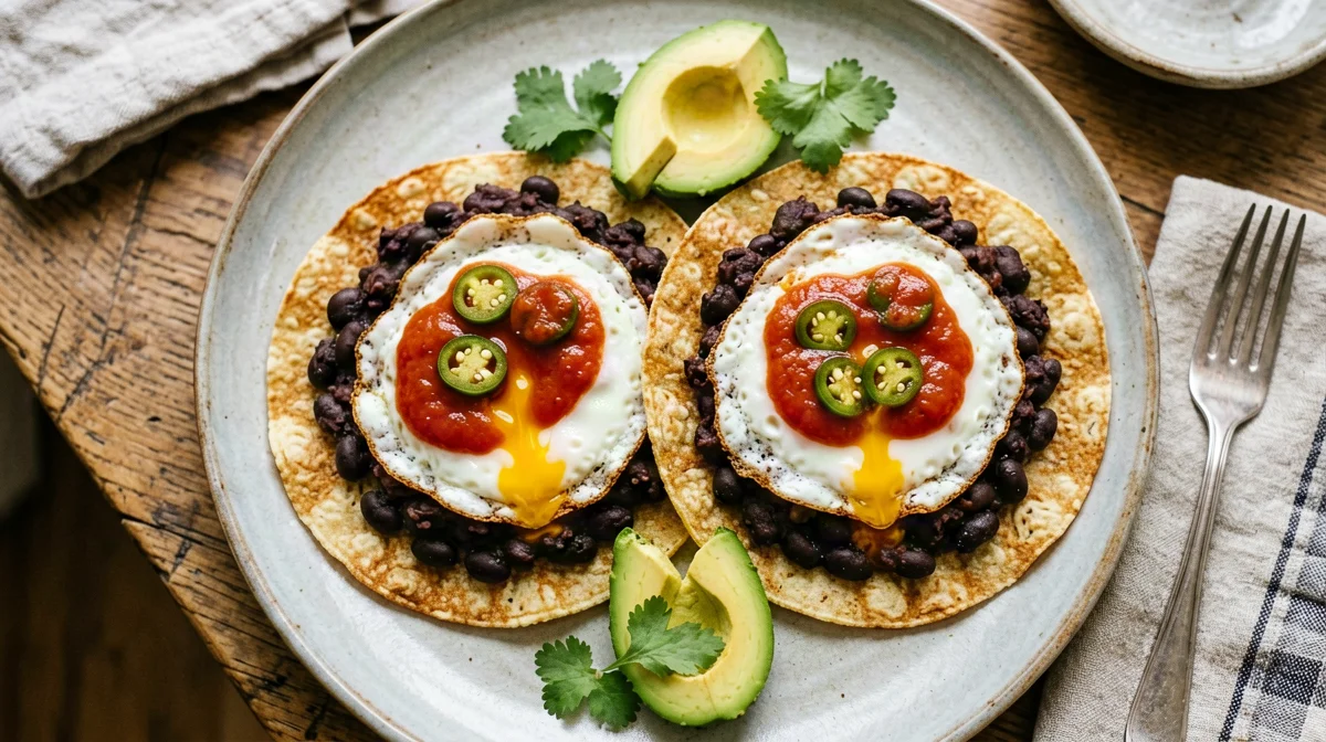 Huevos rancheros con fagioli neri e salsa di pomodoro