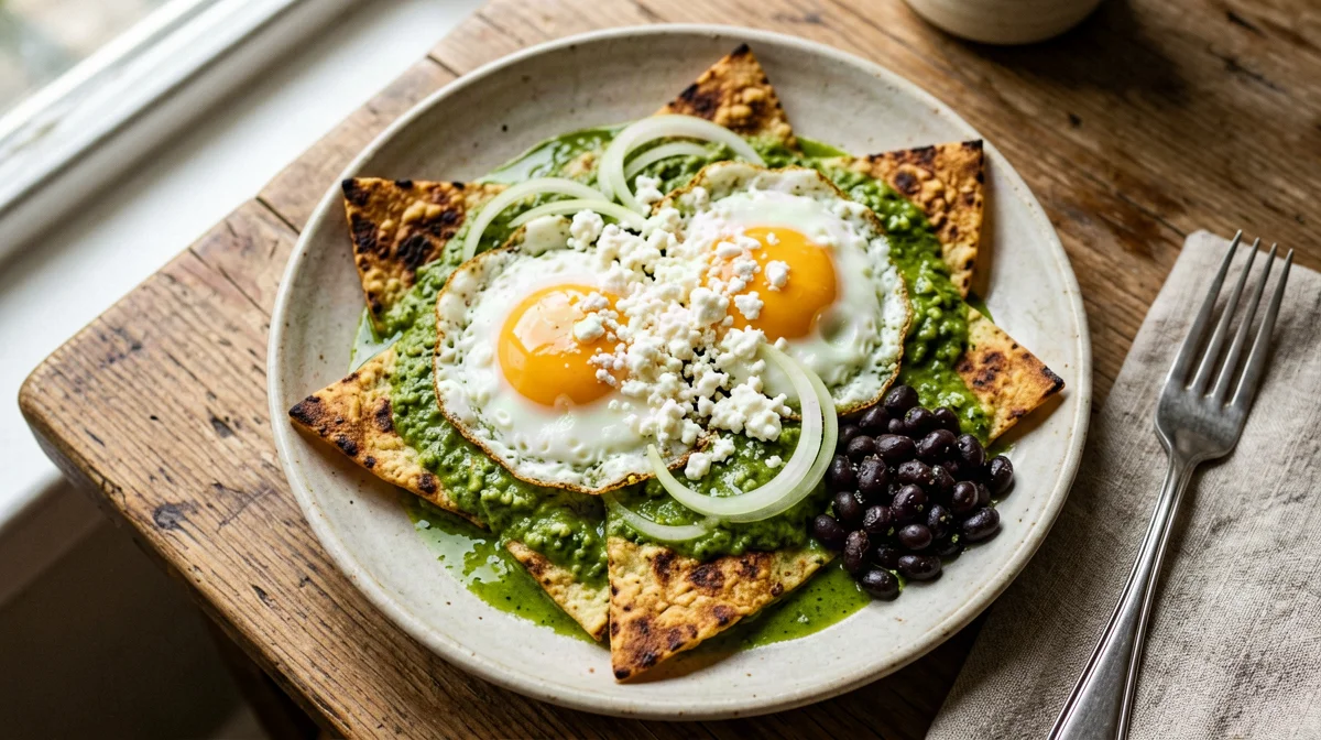 Baked green chilaquiles with egg and queso fresco
