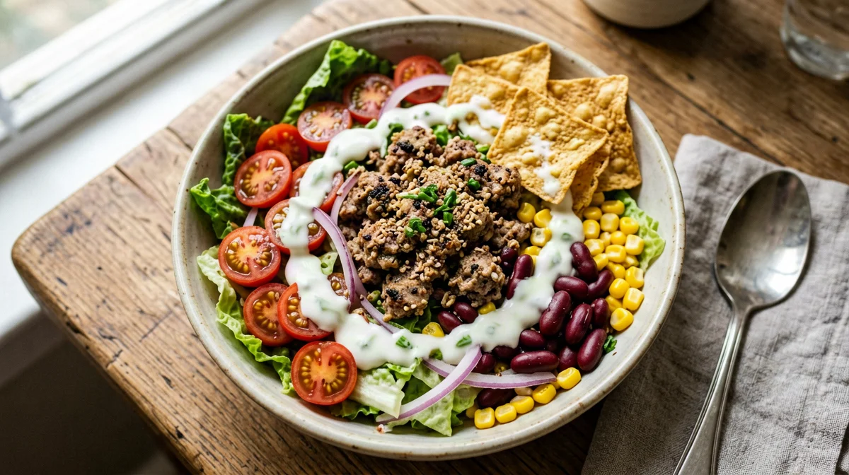 Taco salad with spiced turkey, beans and yogurt dressing