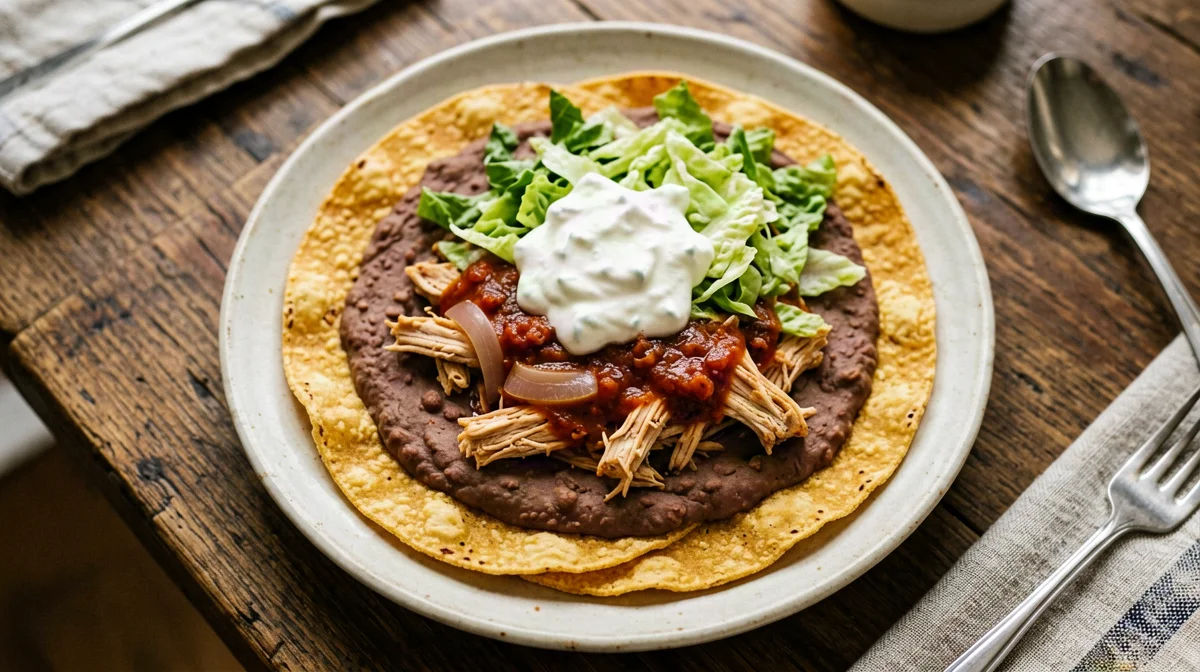 Chicken tinga tostadas with beans and lettuce