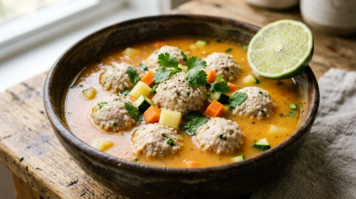 Sopa de albóndigas: turkey meatballs in vegetable broth