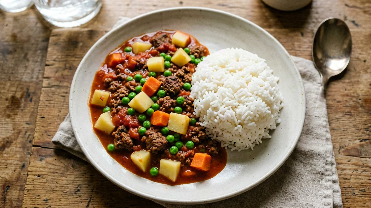 Beef picadillo with potatoes, carrots and white rice