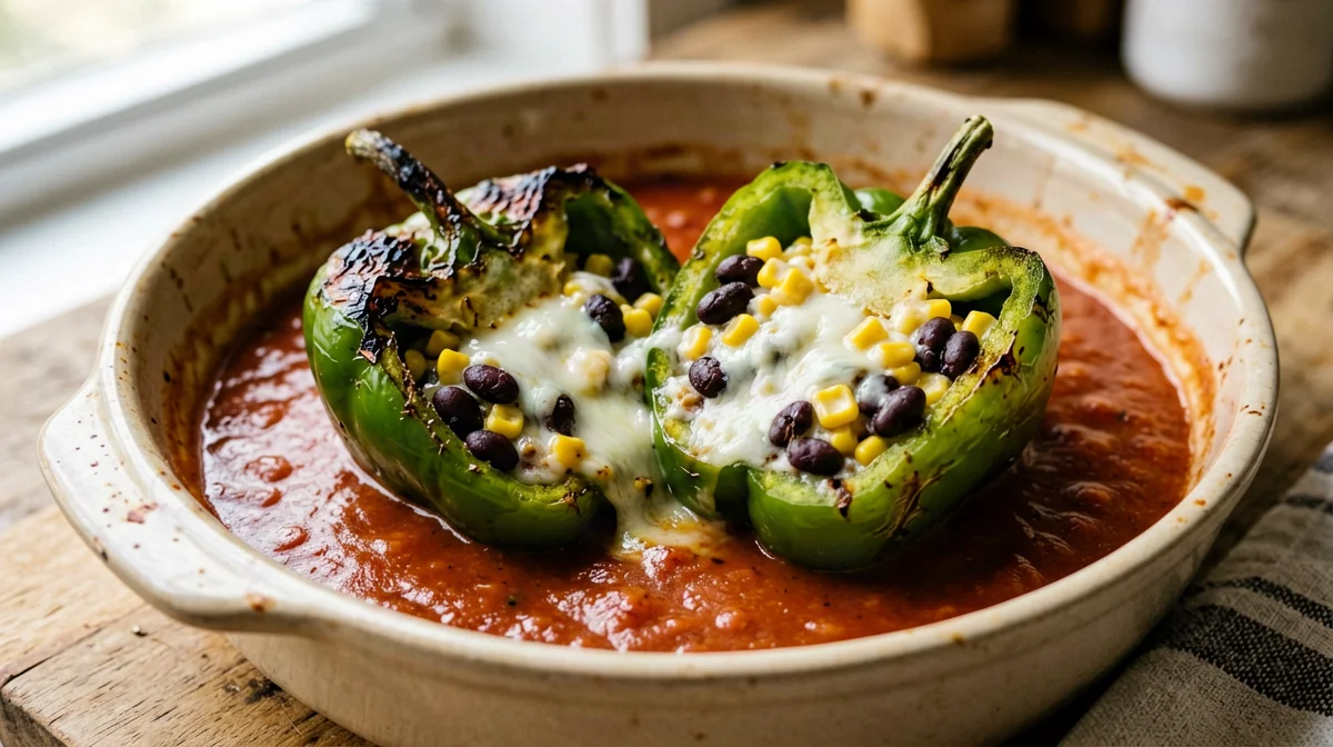 Baked chiles rellenos with queso fresco, beans and salsa