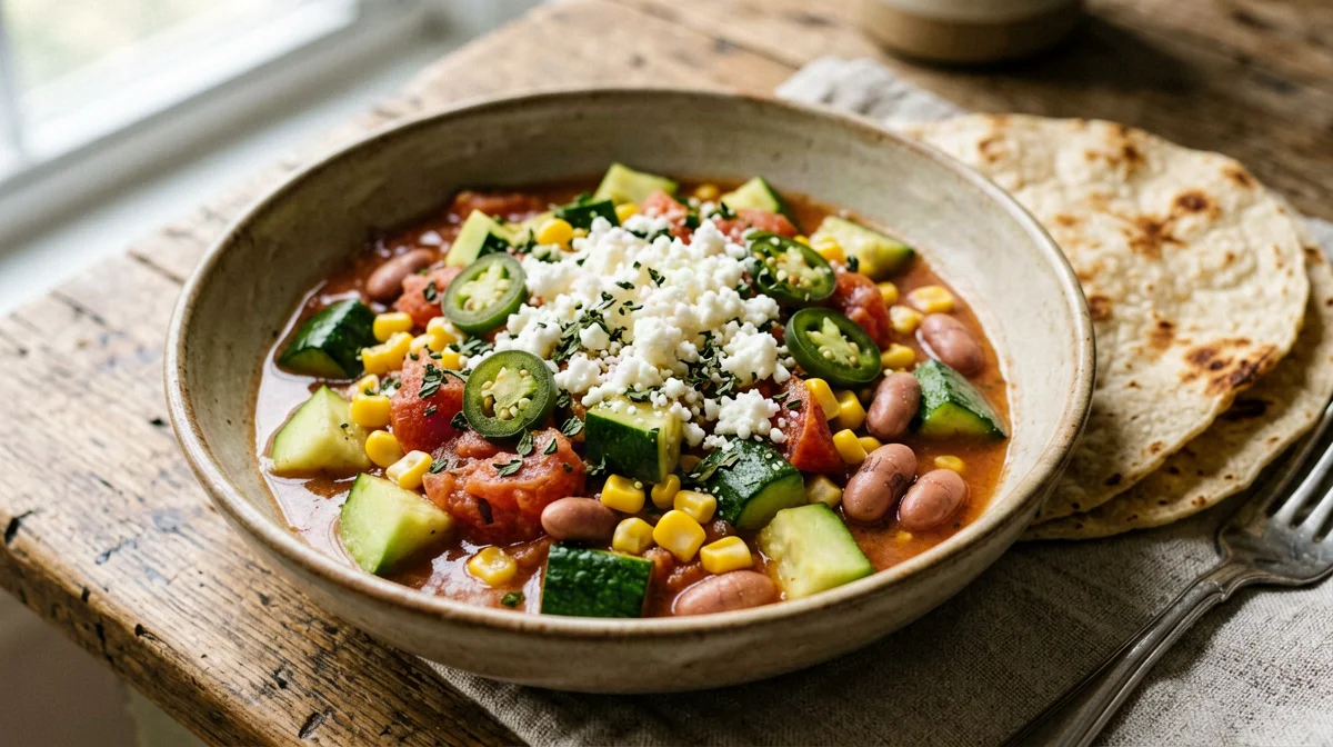 Calabacitas with corn, pinto-style beans and queso fresco