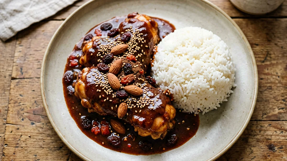 Pollo in mole leggero al cacao con riso e sesamo